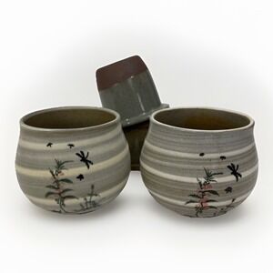 VTG Japanese Studio Art Pottery Tea Cup & Infuser Hand Painted Dragonfly Floral